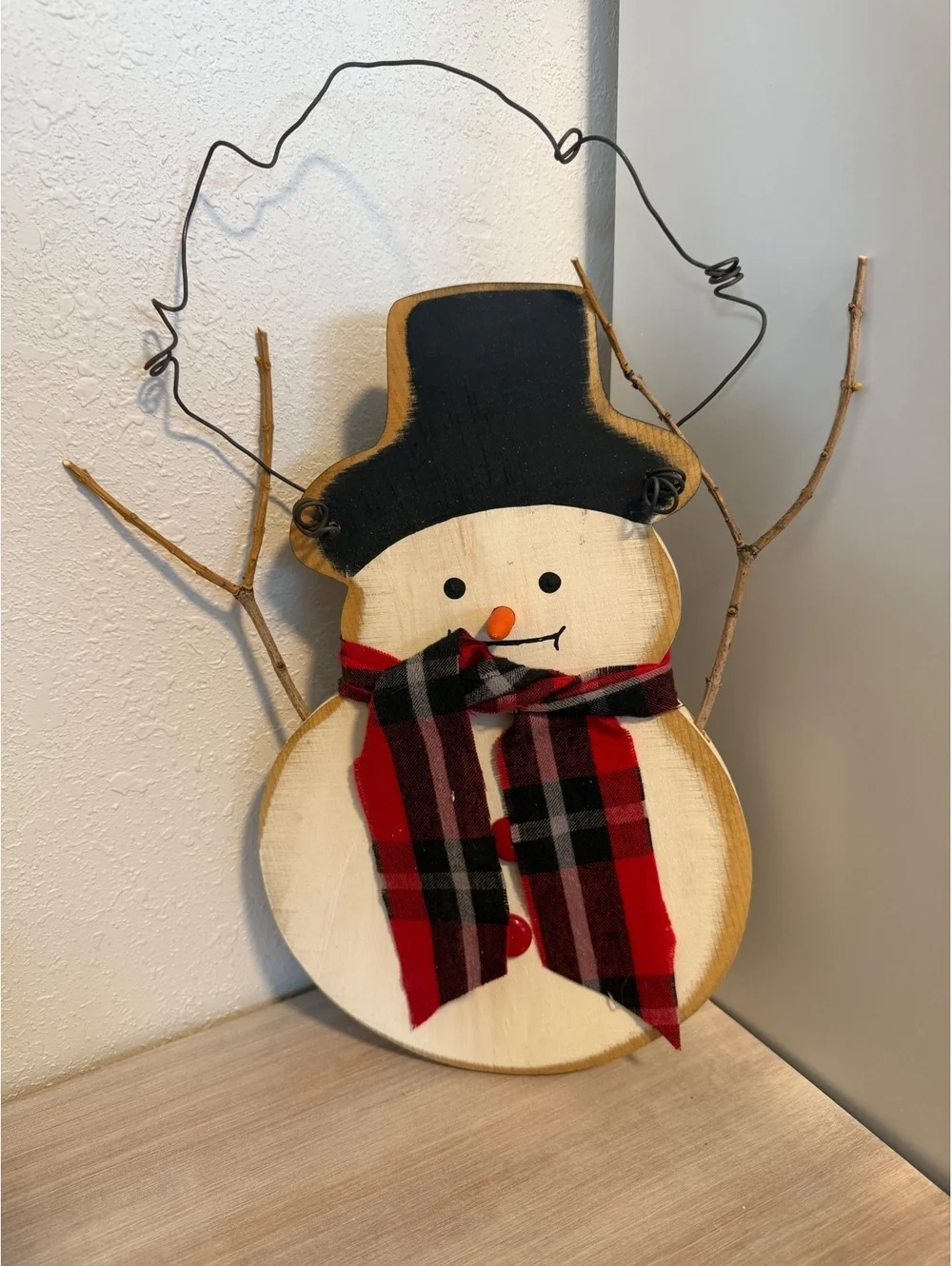 Rustic Wooden Snowman Wall Decor with Plaid Scarf and Wire Hanger